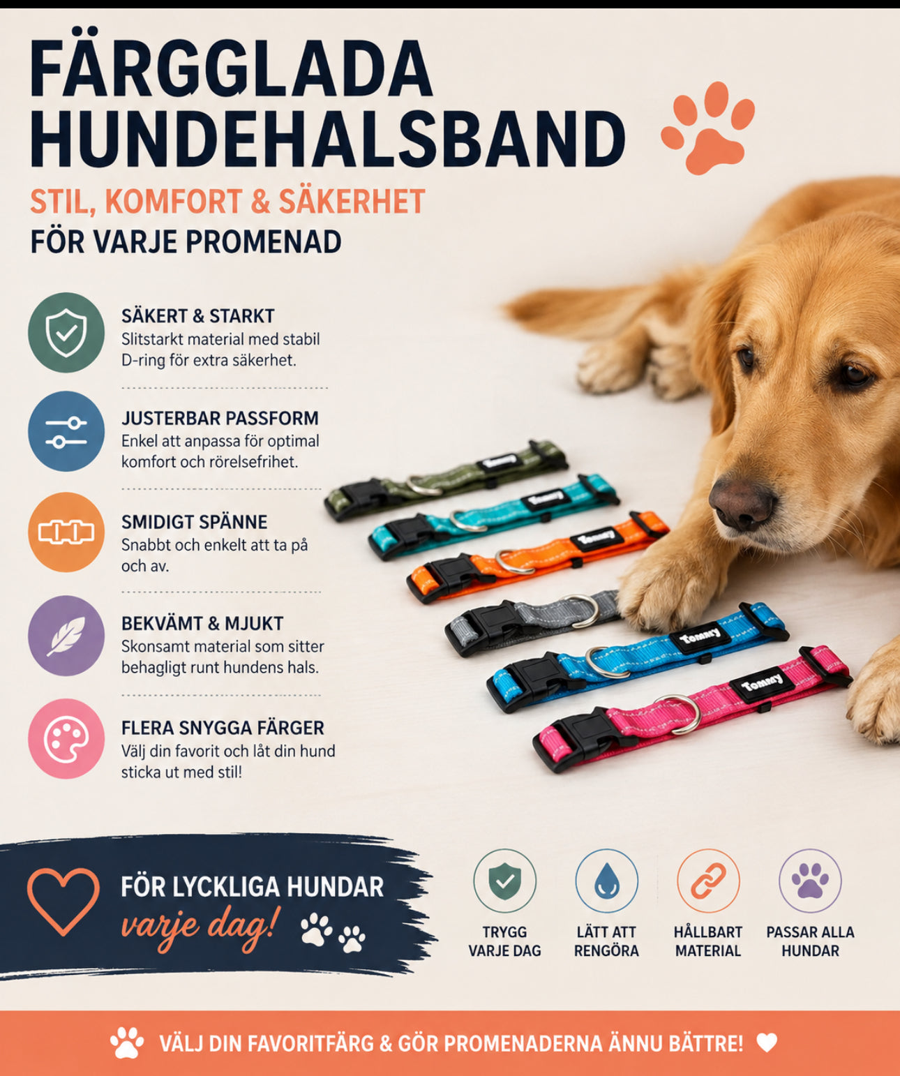 Slitstarkt & bekvämt hundhalsband – justerbart med snabbspänne