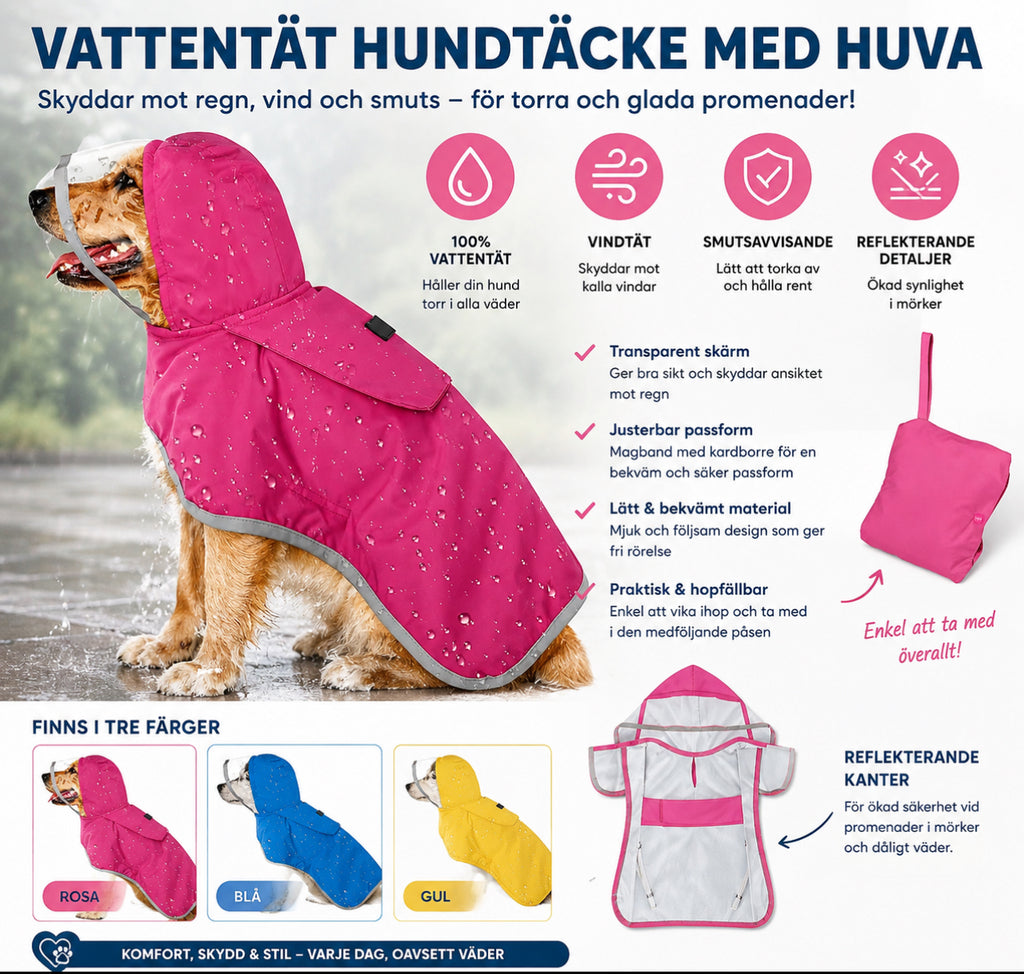Vattentät regnjacka för hund med transparent huva