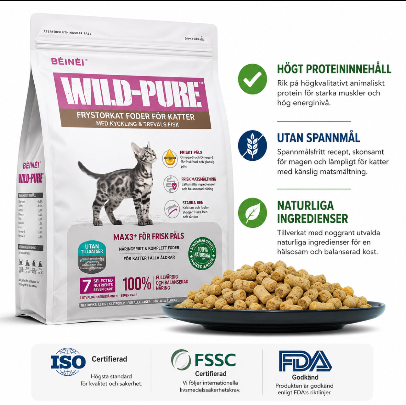 WILD-PURE frystorkat kattfoder med kyckling & fisk
